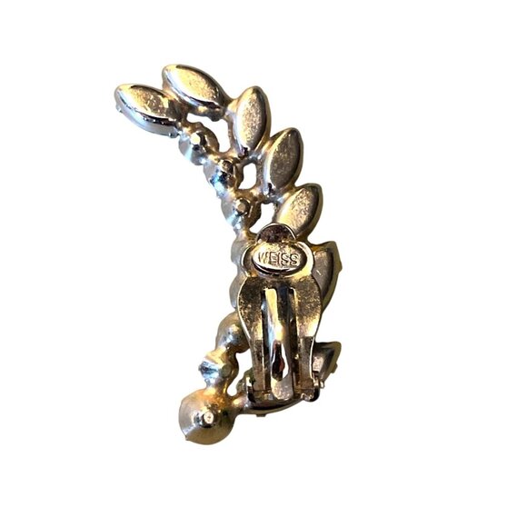 Vintage Weiss Clear Rhinestone Leaf Clip-On Earrings Silver Tone Elegant Design - Picture 5 of 8